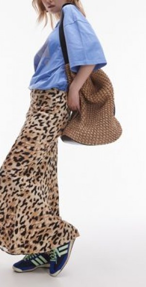 Topshop petite satin bias cut maxi skirt in leopard-Multi