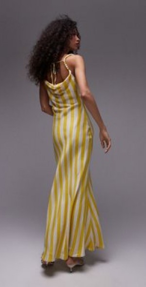 Topshop - premium cami slip midi dress with beaded straps in yellow stripe  print