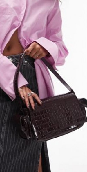 Topshop Salone faux croc multi pocket shoulder bag in burgundy-Red
