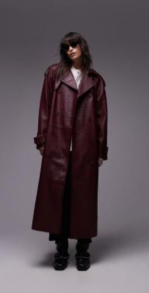 Topshop textured faux leather trench coat in burgundy-Brown