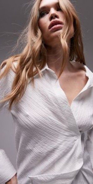 Topshop textured wrap top in ivory-White