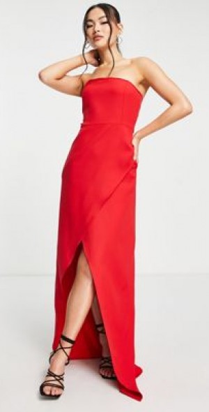 TRENDYOL - Trendyol wrap bandeau maxi dress with leg slit in red