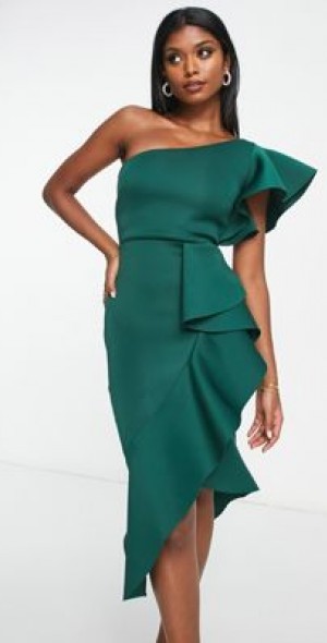 True Violet - one shoulder ruffle midi dress in emerald-Green