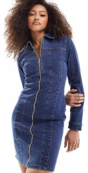 urban bliss denim dress Urban Bliss belted puff-sleeved denim dress in mid wash