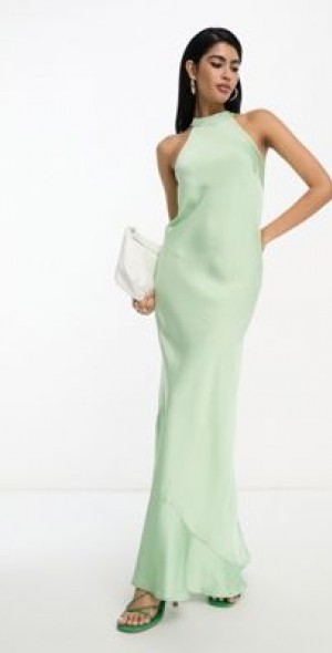 green emerald velvet dress Rent Asos Design Ruched Bandeau Washed Satin Maxi Dress With Tie Detail In  Green