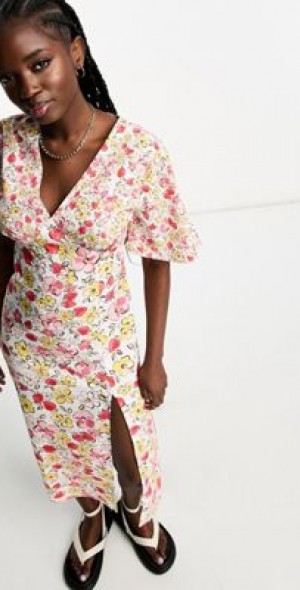 Wednesday's Girl flutter sleeve chintz floral midaxi dress in multi