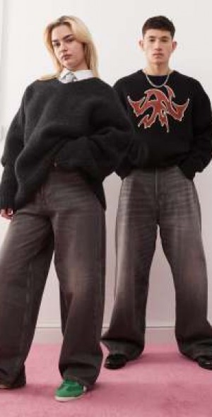 Weekday Astro Unisex low rise loose fit baggy jeans in washed gray