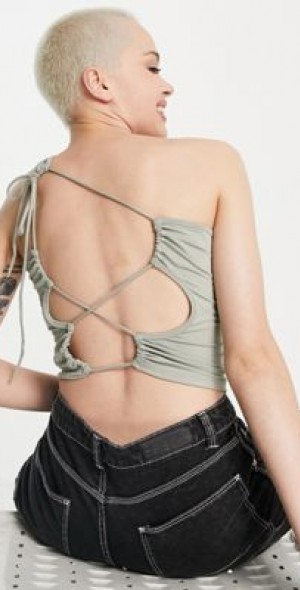 Weekday polyester blend one shoulder backless top in khaki