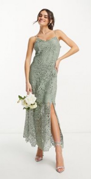 Y.A.S - Bridesmaid embroidered strappy pencil midi dress in sage-Green Y.A.S - Bridesmaid embroidered strappy pencil midi dress in sage-Green