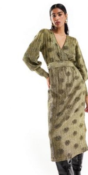 Y.A.S - textured plisse glitter midi dress in gold-Multi