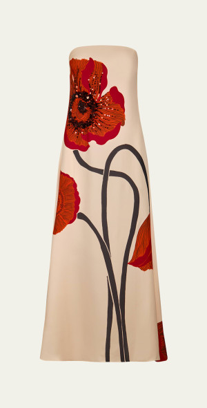 Johanna Ortiz - Strapless Red Petals Embellished Maxi Dress Johanna Ortiz - Strapless Red Petals Embellished Maxi Dress