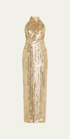 Pamella Roland - Sequined Halter Backless Column Gown