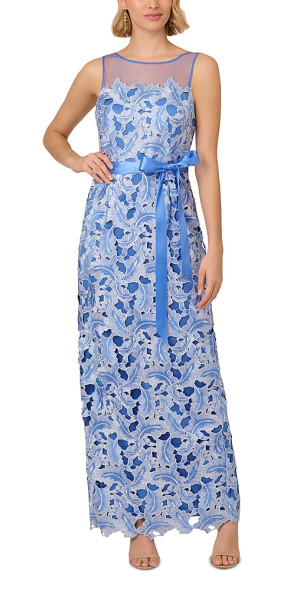chinese dress ladies Cap Sleeve Floral Jacquard Bow Midi Dress In Teal main image 1