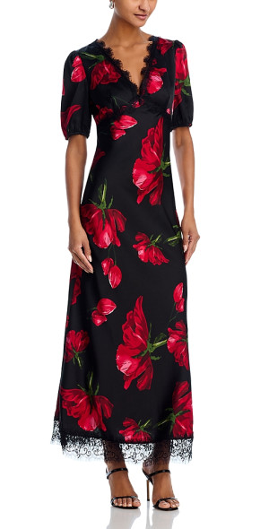 Aqua - Rose Print Lace Trim Maxi Dress