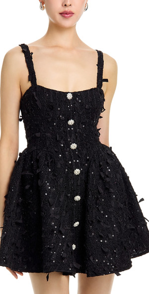 Aqua - Sequined Tweed Ribbon Trim Mini Dress