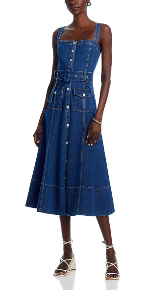 cinq a sept vega denim midi dress Cinq a Sept Vega Sleeveless Belted Denim Midi Dress