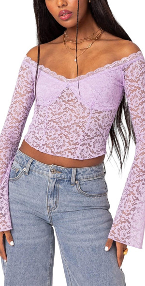 Edikted - Linda Off Shoulder Sheer Lace Top