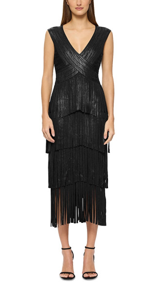 herve leger black fringe dress Herve Leger Low Waist Banded Fringe Gown In Black