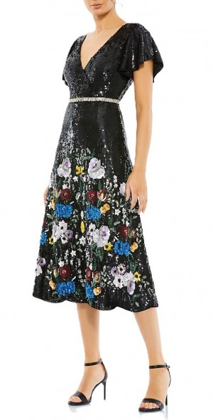 Mac Duggal - Embellished V Neck Flutter Sleeve Dress