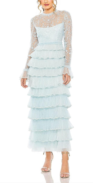 Mac Duggal - Embroidered Long Sleeve Ruffled Tiered Dress