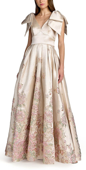 mac duggal layered shoulder bow metallic a line maxi dress Mac Duggal Layered Shoulder Bow Metallic A-Line Gown main image 1