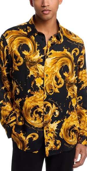 slim fit dress slacks VERSACE BAROCCODILE SILK SHIRT, CARAMEL+BLACK+GOLD – OZNICO