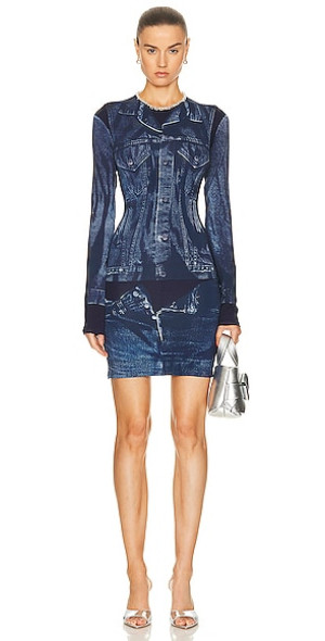 jean paul gaultier denim dress Jean Paul Gaultier Strapless Denim Blue Space Bodycon Dress
