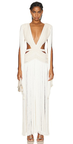 patbo green fringe dress PatBo Crochet Plunge Fringe Trim Maxi Dress – Cattivo main image 1