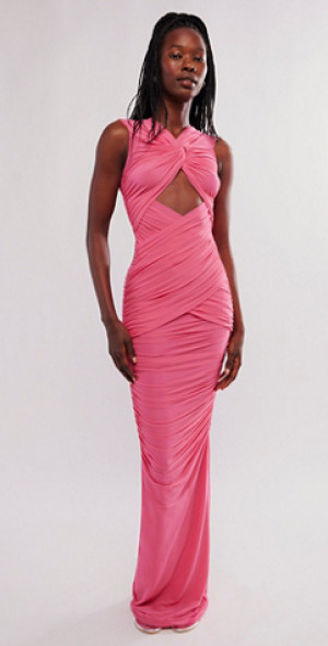 pink plain maxi dress Grandeur Pale Pink High-Neck Ruched Maxi Dress – Club L London