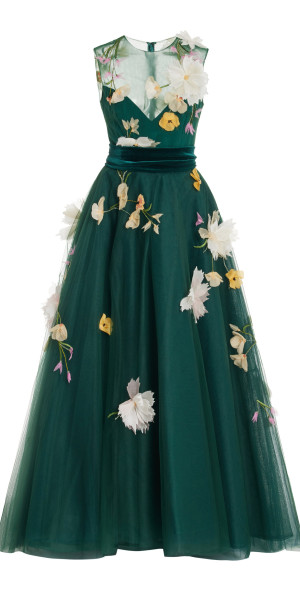 Monique Lhuillier - - Flower-Embellished Strapless Tulle Gown - Dark Green  - US 18 - Only At Moda Operandi