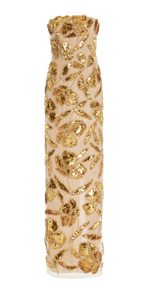monique lhuillier gold dress Monique Lhuillier Embellished Strapless Midi Dress In Gold