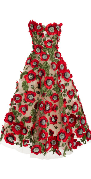 strapless open back dress Oscar de la Renta Floral Printed Silk Ruffle Gown