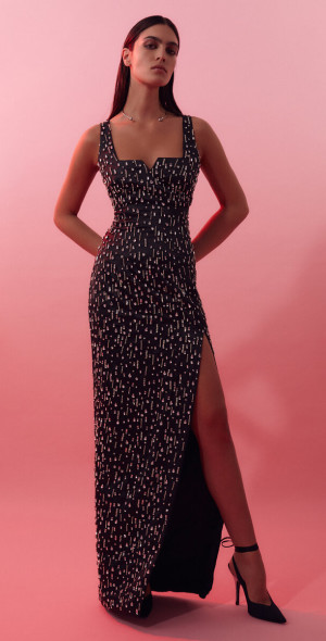 sleeveless long beaded illusion bodice prom dress Elizabeth K GL2099 Prom Dress - Grey main image 1