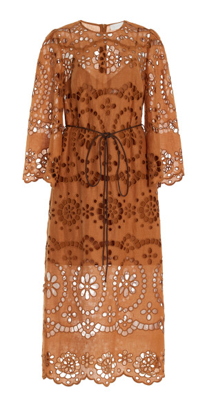 Zimmermann Pop Embroidered Linen Midi Dress Brown Moda
