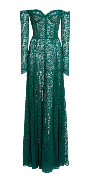 Zuhair Murad - - Floral Lace Off-The-Shoulder Bustier Gown - Green - FR 40  - Only At Moda Operandi