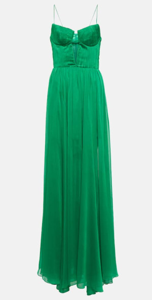 green emerald velvet dress Rasario Green Sleeveless Pleated Gown with Side Split and Trail Detail   Sellier