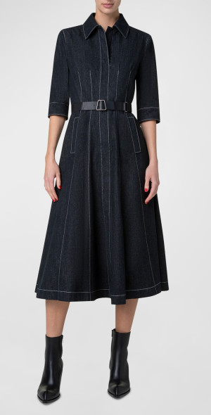 Akris - Belted Cotton Denim Midi Dress with Contrast Stitching