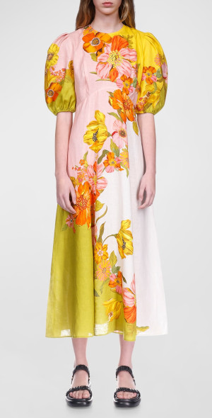 ALEMAIS - Silas Puff-Sleeve Floral Linen Midi Dress