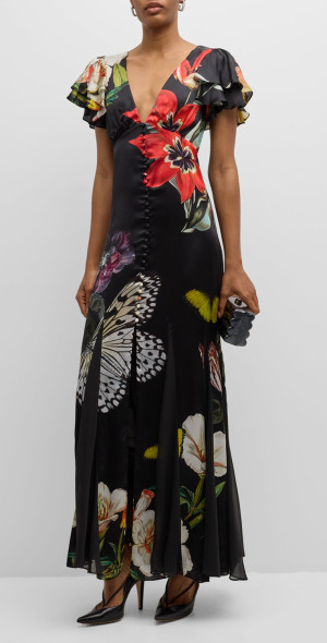 Alice Olivia Fara Deep V-Neck Flutter-Sleeve Maxi Dress