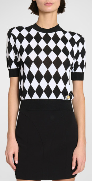 Balmain - Short-Sleeve Diamond Intarsia Knit Top