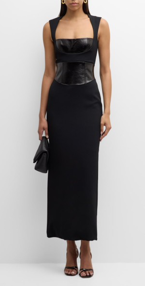 Brandon Maxwell - Leather Corset Crepe Sleeveless Maxi Dress