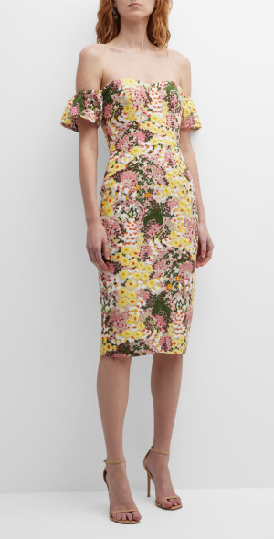 Dress the Population Black Label - Tara Off-Shoulder Floral-Embroidered  Midi Dress