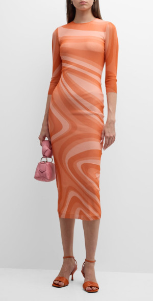 Fuzzi Swirl-Print Tulle Midi Dress
