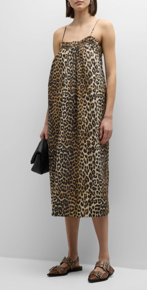 ganni mesh dress leopard Leopard Marl Mesh Long Ruched Crossover Dress