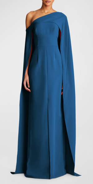 Halston Elycia One-Shoulder Crepe Cape Gown