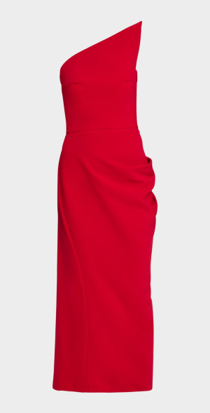 Jovani - Draped Asymmetric Strapless Midi Dress