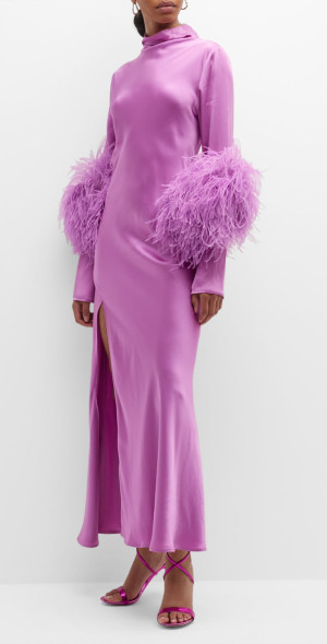 satin feather trim midi dress Hopelessly Devoted Feather Trim Midi Dress Brown