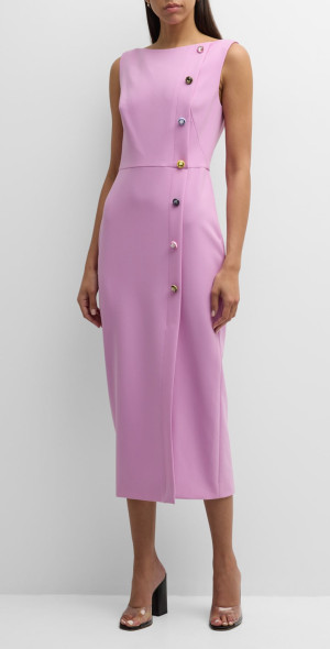 Lela Rose - Jewel-Button Boat-Neck Sleeveless Midi Sheath Dress