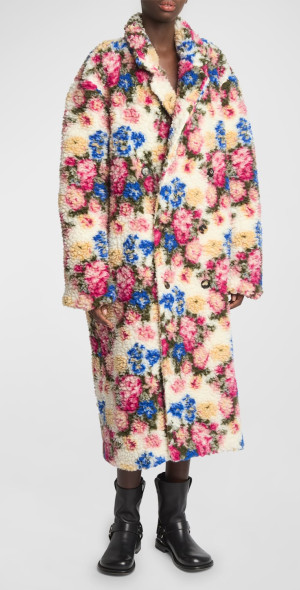 Loewe - Floral Printed Shearling Coat with Leather Belt