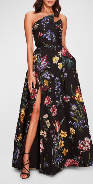 Marchesa Notte Strapless Pleated Floral Fil Coupe Gown
